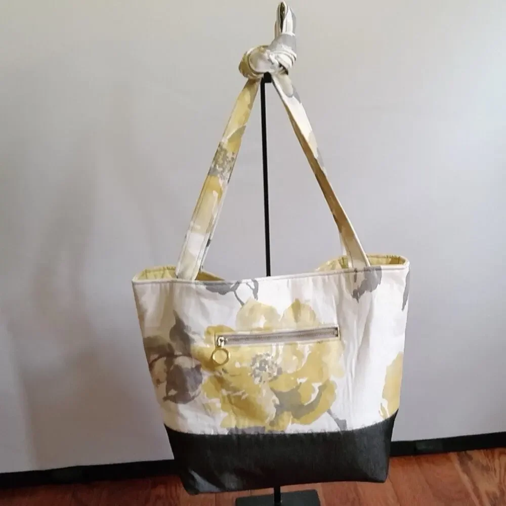 Handcrafted Fabric Purse Cream Artisan Carryall Tote Floral Denim Shoulder Bag